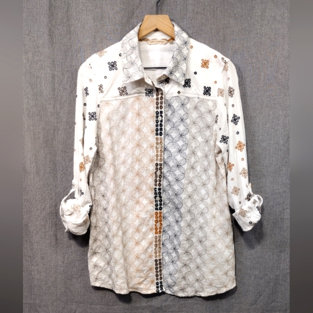 Soft Surroundings Embroidered Floral Animal Print Button Shirt Womens M Boho 90s
